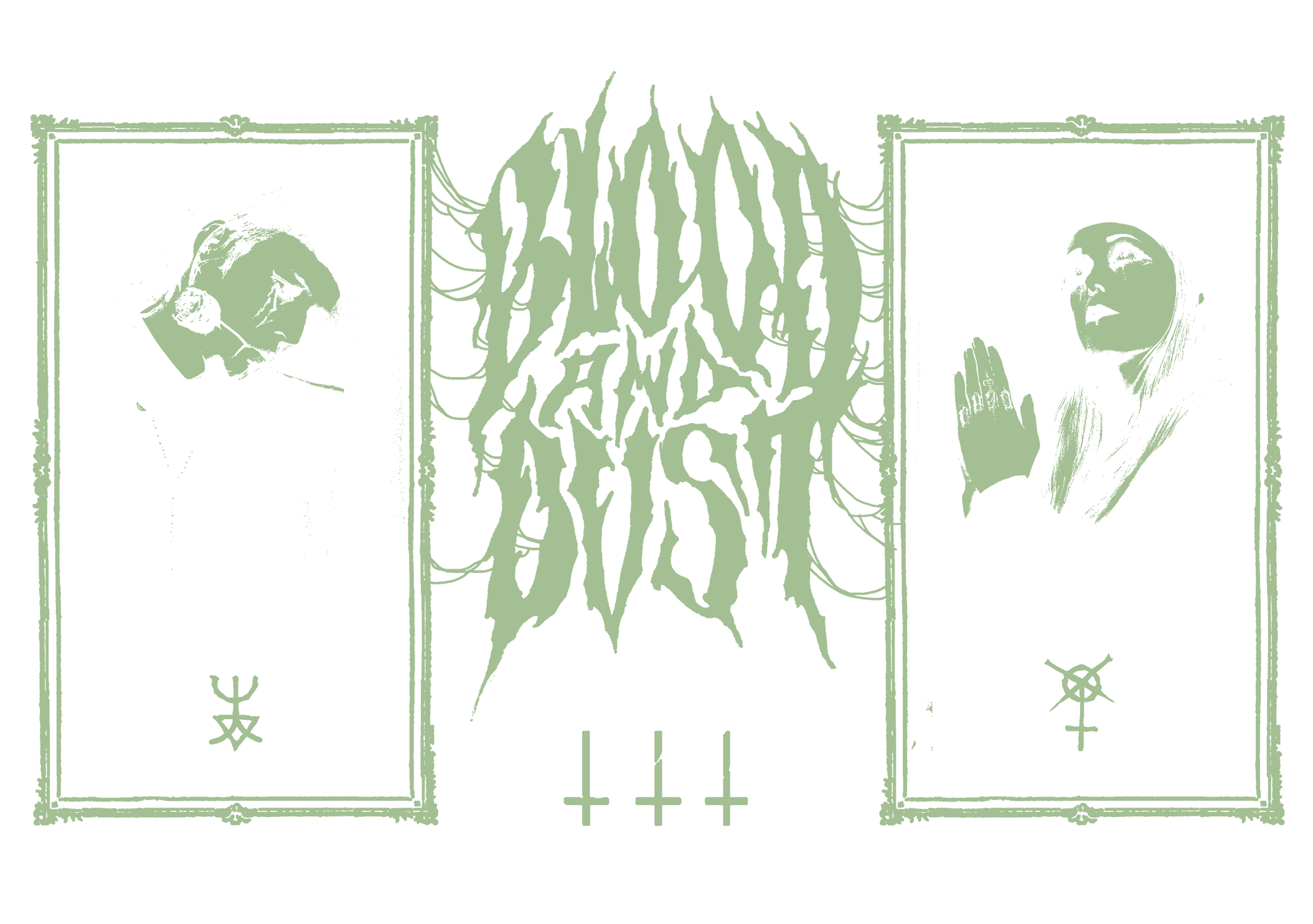 The Blood and Dust logo drawn in a black metal style between two ornate frames containing pictures of Hayley and Lizbeth along with their corresponding occult symbol.